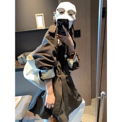 摩且 秋日絮语 小个子韩系拼接条纹袖廓形风衣外套中长款 MQ0753