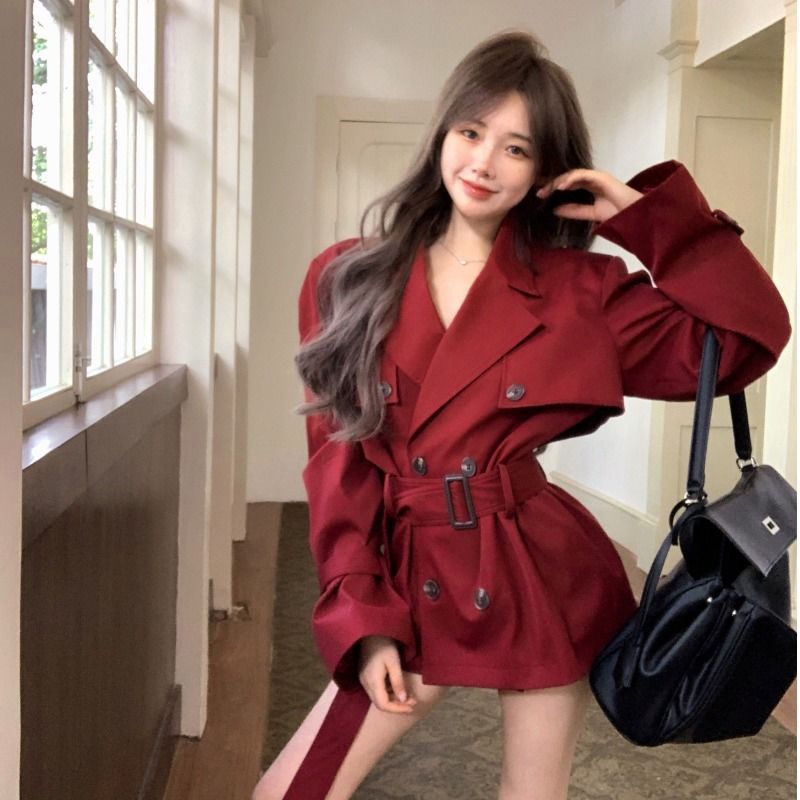 小香风款西装大衣女2025年早秋季中长款感小个子红色风衣外套 ins|undefined