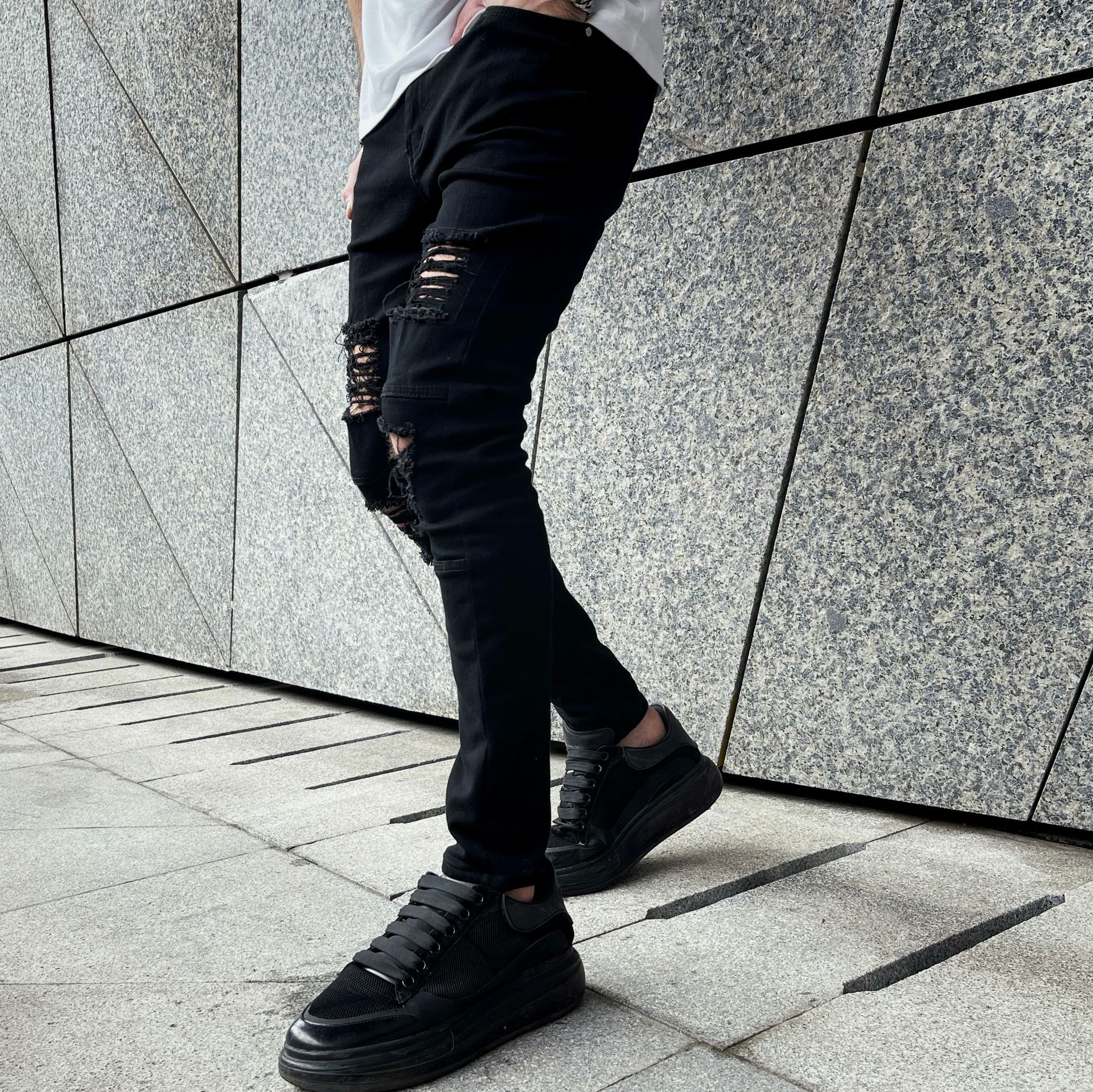 Uomo Nuovo High Street Hip Hop Stile Strappato Skinny Jeans a Matita Uomo Eleganti Slim Holes Casual Denim Pantaloni_voghion.com