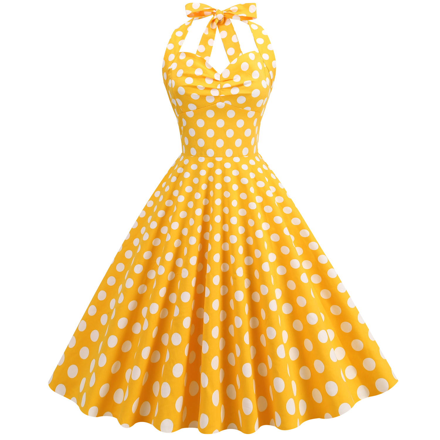 Robe vintage style Hepburn, taille haute cintrée, imprimée, col halter, dos nu, jupe ample_voghion.com