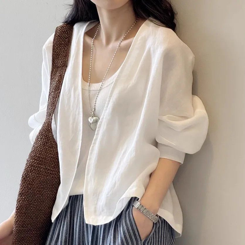 复古白色衬衫外套女夏季文艺长袖开衫上衣设计薄款宽松防晒衫