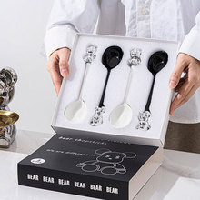 一件代發銀頭小熊陶瓷勺子家用日式瓢羹湯匙飯勺湯勺黑白禮盒套裝