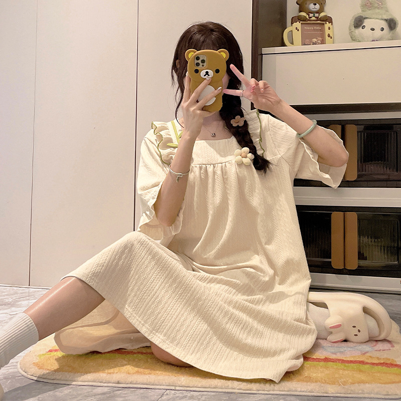 夏季公主睡裙女甜美花朵带胸垫睡衣中长裙新款韩版短袖宫廷风少女