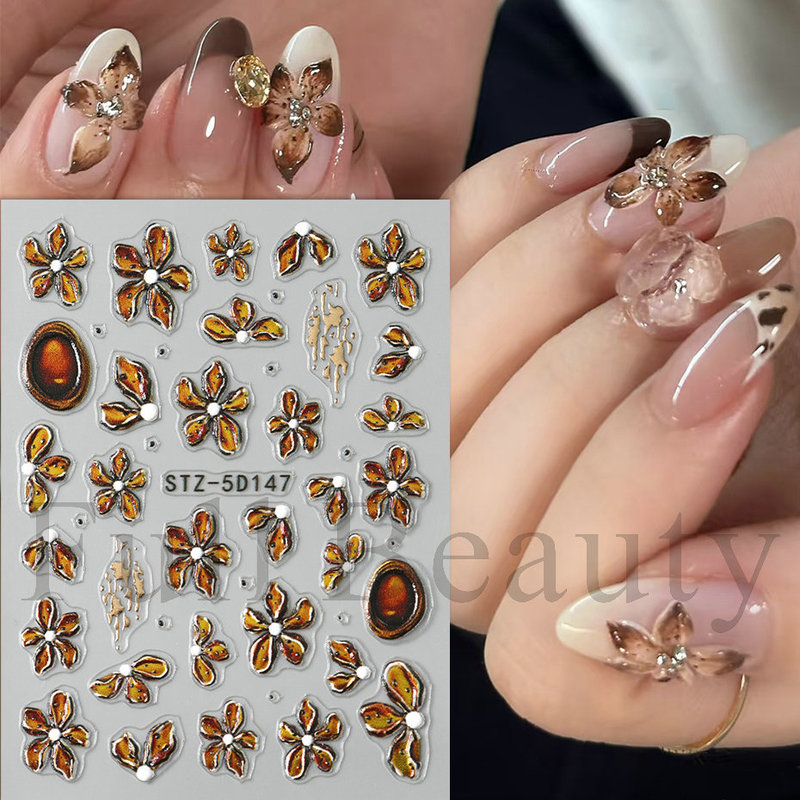 跨境新款美甲贴纸 5D浮雕立体金银冬季美拉德色系恶魔之花指甲贴|undefined