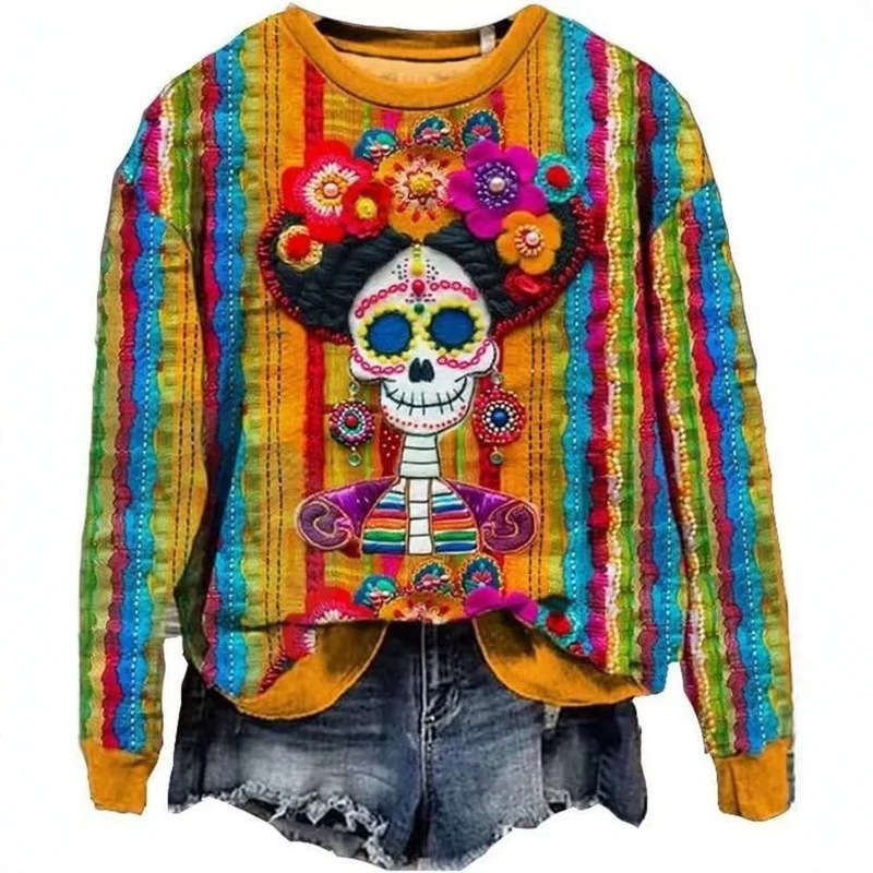 Mexican Day of the Dead 3D printed women's long-sleeved sweatshirt, cross-border novelty skull design, autumn/winter style Mexican Day of the Dead 3D printed women's long-sleeved sweatshirt, cross-border novelty skull design, autumn/winter style