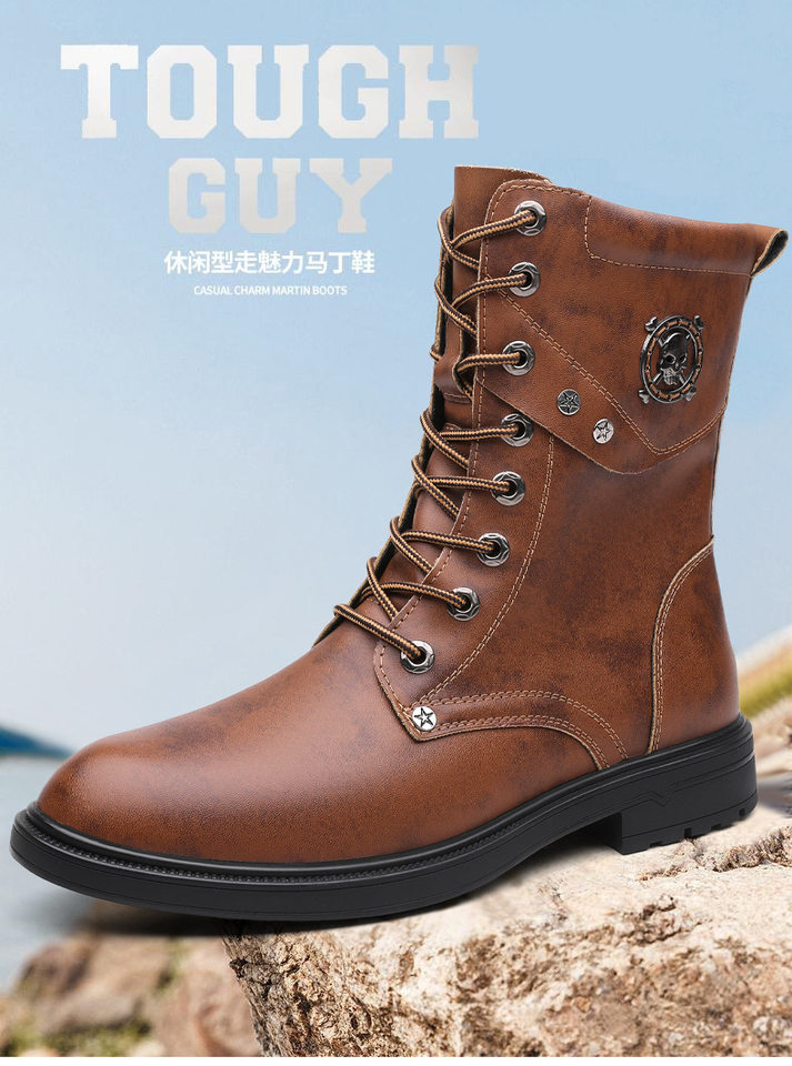 Giày bốt Martin nam cổ cao dây buộc mũi rộng phong cách denim, đế cao su chống trượt thoáng khí nhẹ nhàng — Màu nâu lót bông, Màu nâu lót da, Màu đen lót bông, Màu đen lót da chi tiết 1