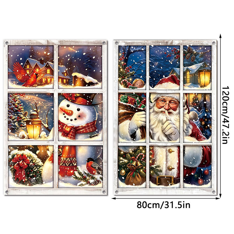 Cross-border best-selling Christmas cartoon snowman fake window flag fabric window decoration curtain holiday atmosphere background hanging cloth