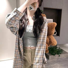 美式复古格子格纹衬衫女春夏设计感宽松休闲长袖防晒衬衣上衣外套