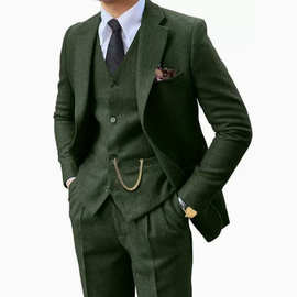 新款人字呢男式西装修身新郎西服套装舞会宴婚礼三件套晚宴礼服套