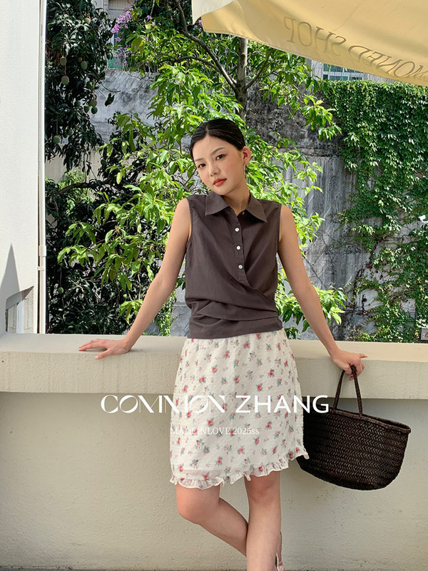CZ ZHANG夏季韩版通勤减龄休闲天丝系带收腰显瘦背心衬衫女B23097|undefined
