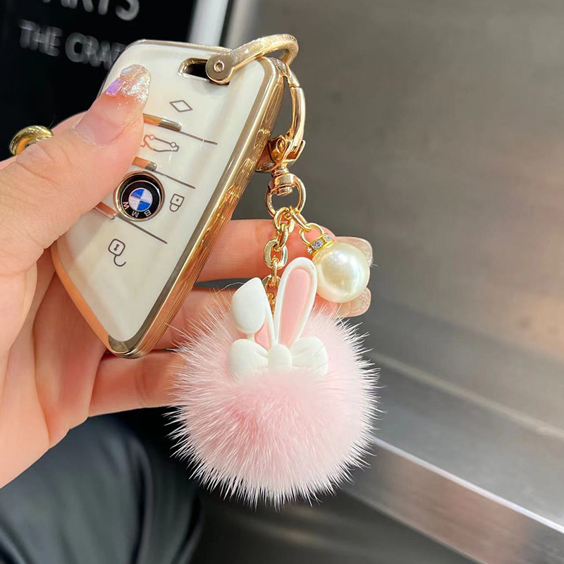 かわいい模造ミンクファーボールバニー車のキーホルダーペンダント韓国インぬいぐるみ人形バッグペンダント|undefined
