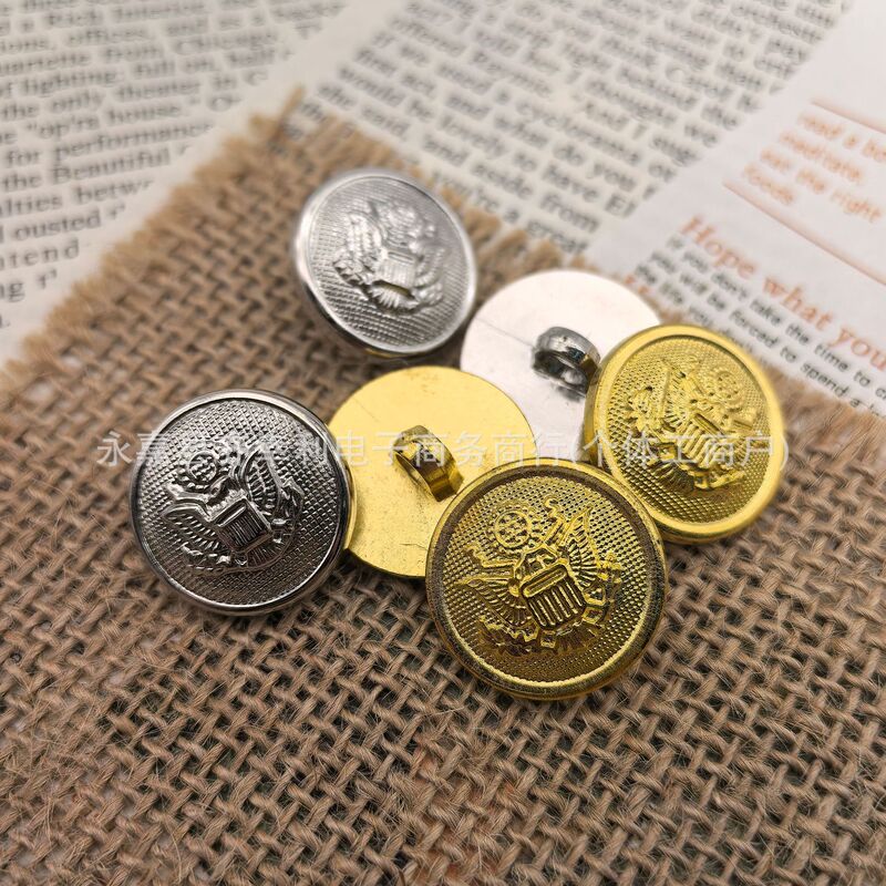 Directly supplied by the manufacturer: ABS imitation metal electroplated buttons with vintage logo, gold-colored, for denim jackets and workwear, wholesale Directly supplied by the manufacturer: ABS imitation metal electroplated buttons with vintage logo, gold-colored, for denim jackets and workwear, wholesale