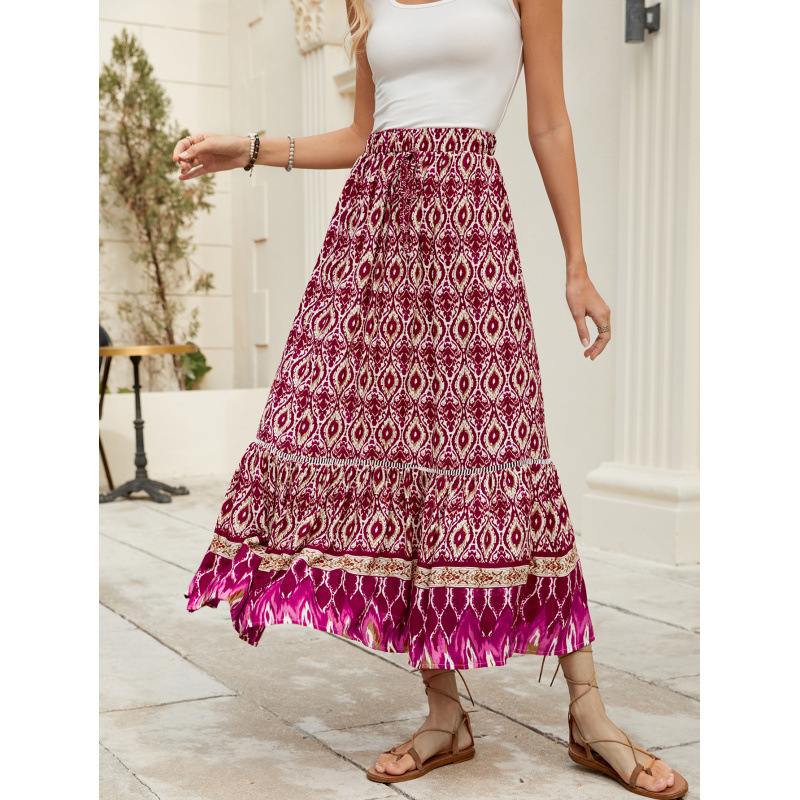 Bohemian European American Style Rayon Printed A-line Midi Skirt Vacation, Beach, And Seaside, With A Large Hemline For_ecoleips.com