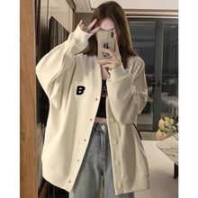 简约开衫V领卫衣外套女春秋韩版学生印花中长款宽松显瘦薄款上衣