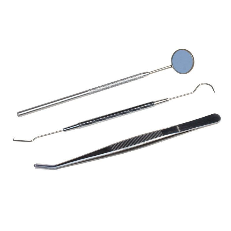 Juego de tres piezas de acero inoxidable para higiene bucal transfronteriza: espejo bucal, sonda y pinzas.
