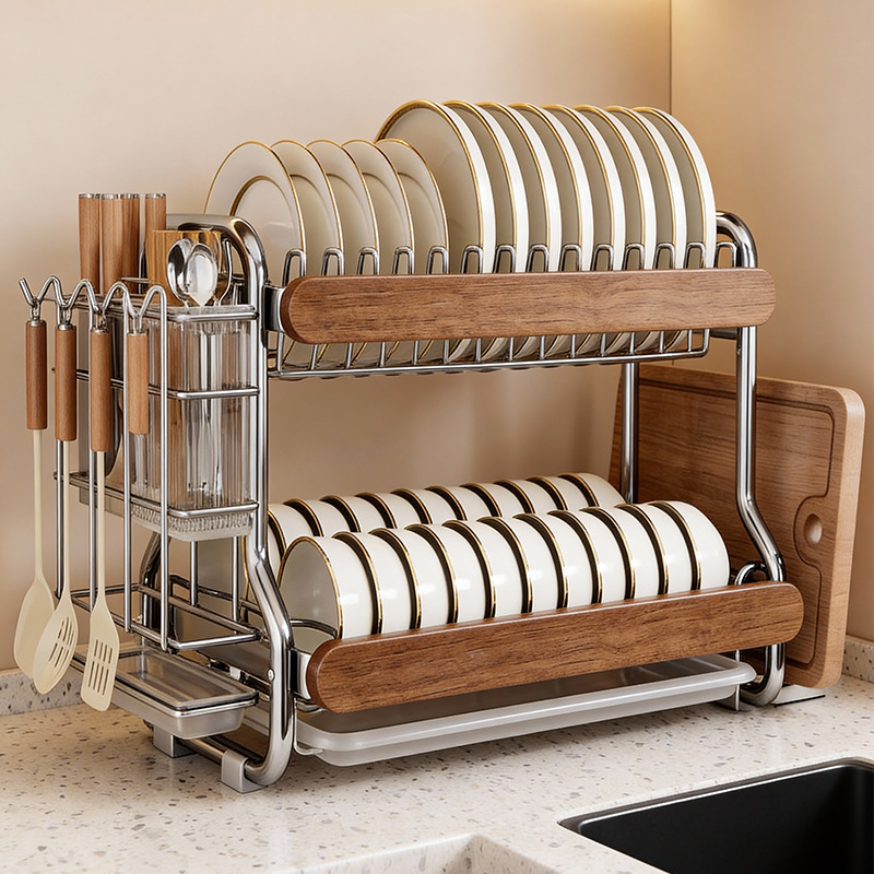 Vintage-Style Stainless Steel Bowl and Dish Storage Rack, Kitchen Shelf, Multifunctional Countertop Rack for Bowls, Chopsticks, and Plates, with Drainage