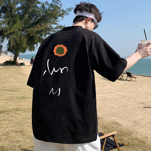 Small Daisy Literary Leisure Short Sleeve T-Shirt for Men Summer Salt and Pepper Leisure Hong Kong Style Oversize Half Sleeve Fashion Five Finger Sleeve