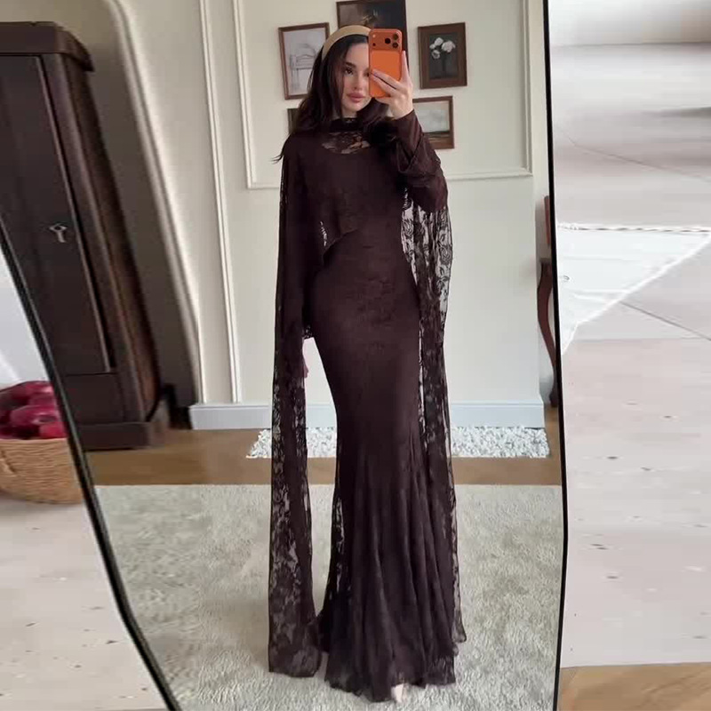 2026 New European and American Amazon Cross-Border Foreign Trade Women's Clothing Ribbon Lace Shawl Dark Brown Slim-Fit Dress