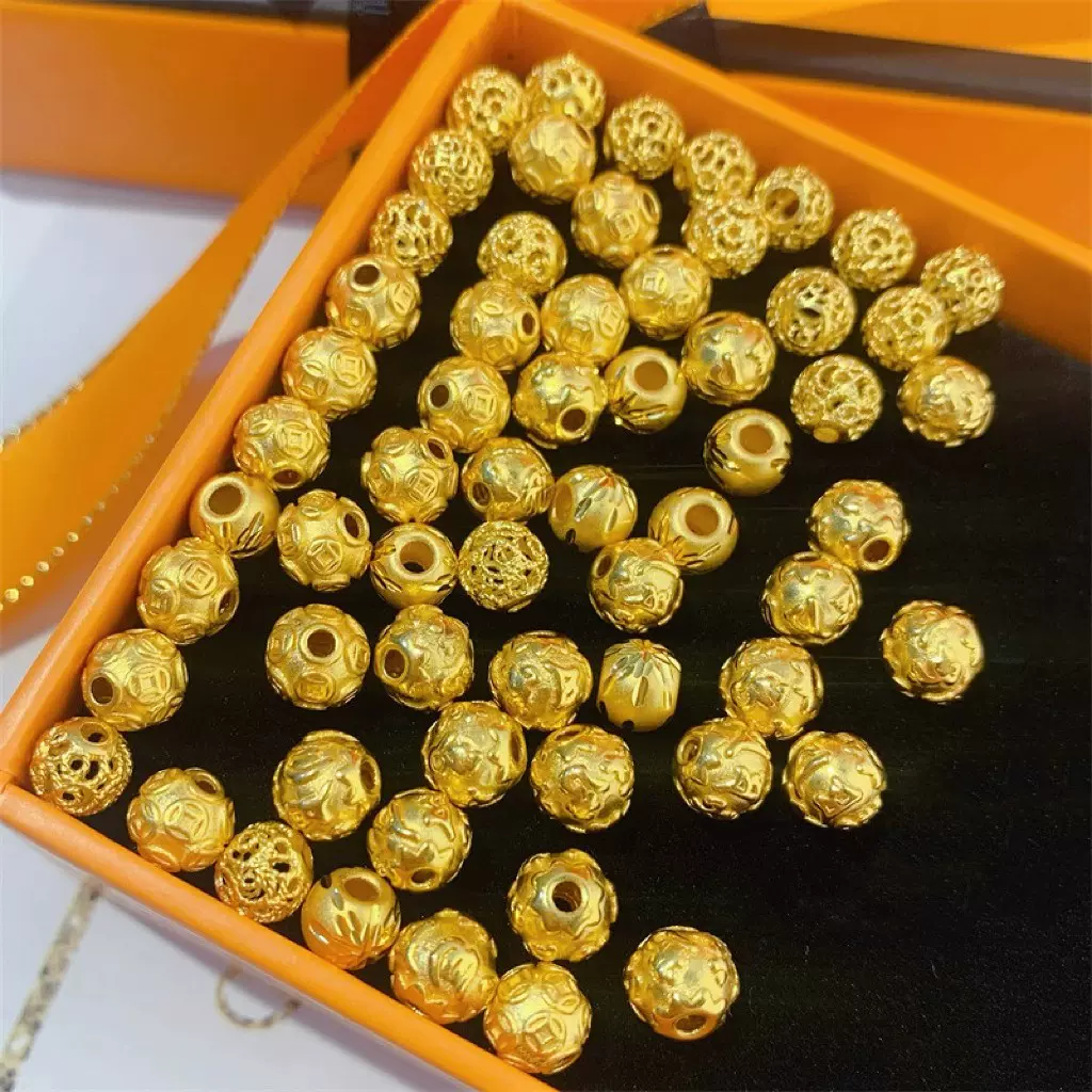 3D硬金999足金铜钱转运珠路路通车花珠子黄金六字真言隔珠手链6mm