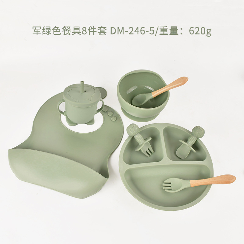 Dumo, vajilla de rejilla dividida de silicona para niños, babero, tenedor, cuchara, cuenco de alimentos, taza de agua, vajilla de alimentación para bebés, juego de ocho piezas