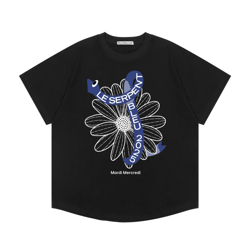 韓国マルディトレンディな半袖フラワープリントゴールドハイシルバー夏ラウンドネック純綿ルーズTシャツトップトレンディ|undefined