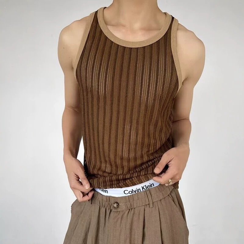 2026 Color-Block Striped Hollow-Out Sleeveless Vest for Men, Summer American-Style Trendy Brand Vacation Style Loose Men's Vest