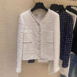 25P 经典乳白色斜纹气质名媛粗花呢外套女 珍珠边纽扣羊毛呢上衣