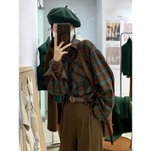磨毛格子衬衫女设计感小众上衣秋季复古港味宽松百搭叠穿衬衣春秋