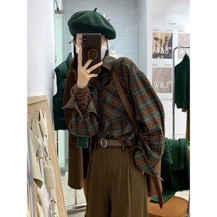 Brushed plaid shirt women's design sense niche top autumn retro Hong Kong style loose all-match stacked shirt spring and autumn