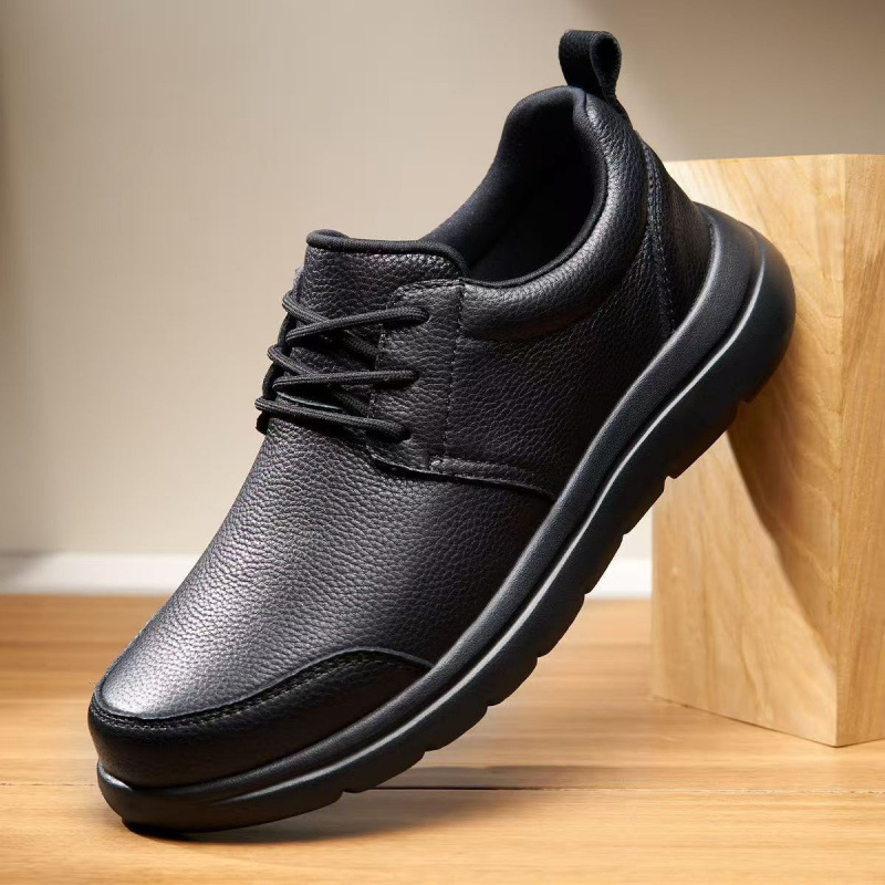 休闲皮鞋男秋冬黑色鞋系带舒适工作鞋潮流百搭PU工作鞋子外贸批发