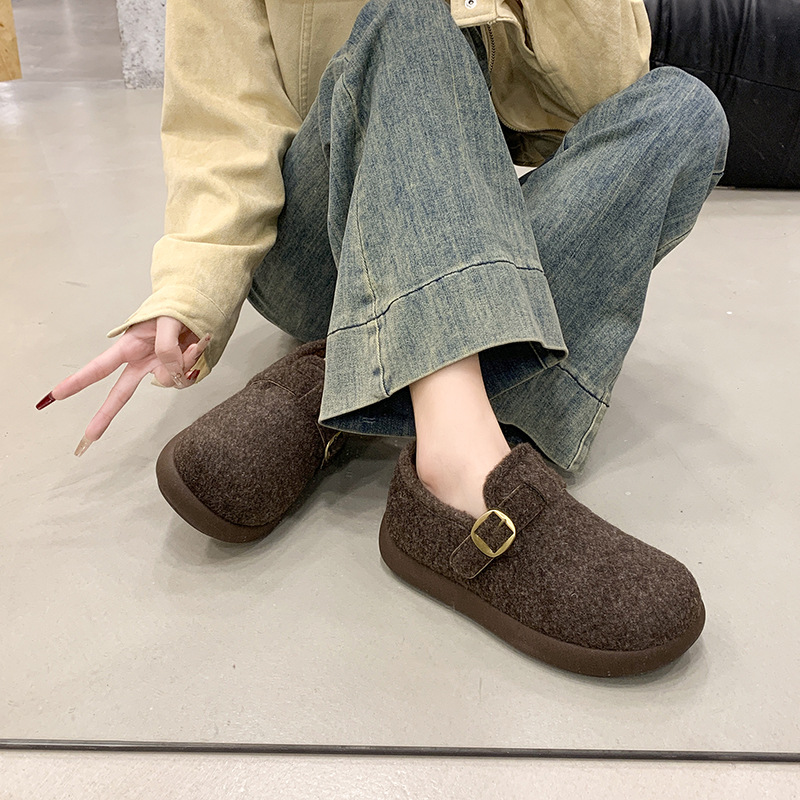 毛呢厚底勃肯鞋女2025冬季新款毛呢豆豆鞋女全包保暖毛毛厚底棉鞋
