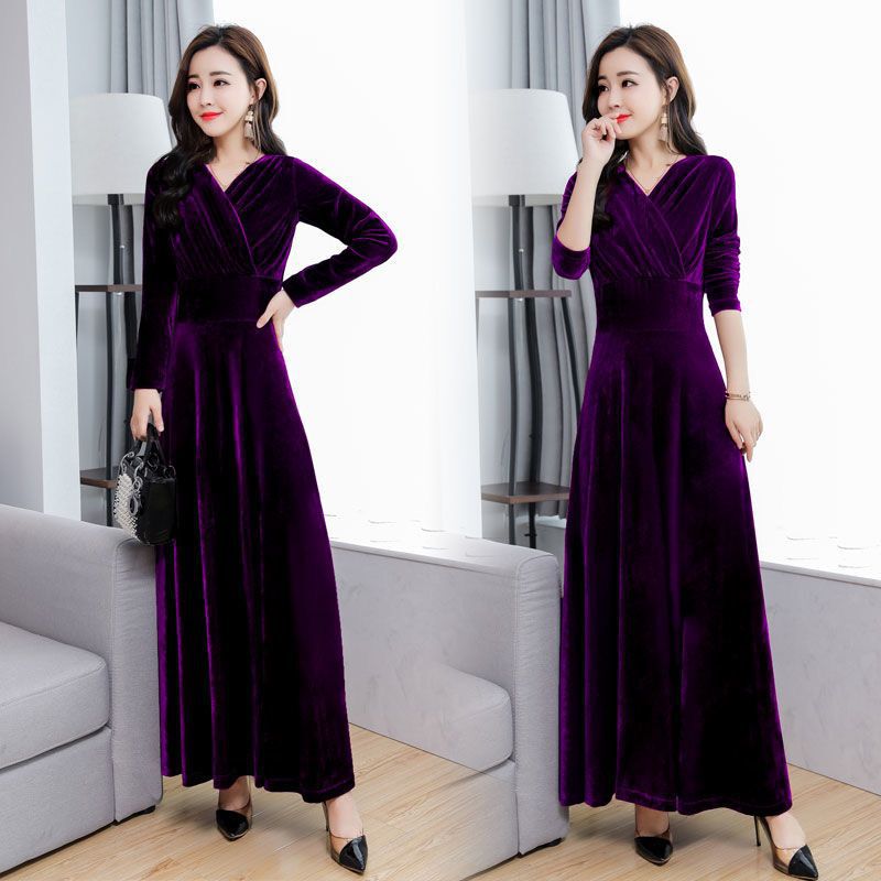 2024 Spring and Autumn Winter New Golden Velvet dress Women's Long Slim-fit Elegant Long-sleeved plus size Autumn Dress