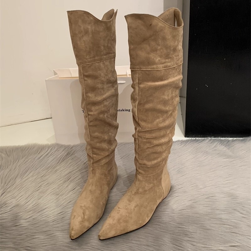 High-tube pointed toe stacked long boots for women, flat-soled, with internal height increase, khaki suede, new model boots 2026 High-tube pointed toe stacked long boots for women, flat-soled, with internal height increase, khaki suede, new model boots 2026
