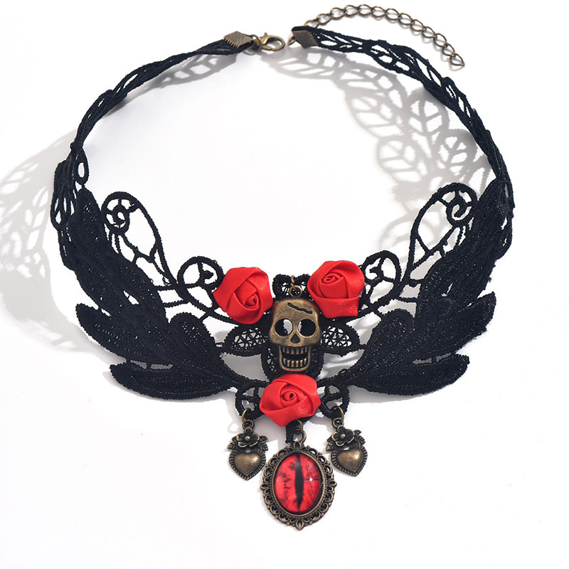 Halloween Greeting Card Set With Lace Flowers, Skull Eyes Necklace, Women's Hollowed Out Dark Pendant Accessory_voghion.com