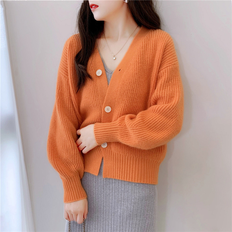French V-Neck Candy Color Long Sleeve Cardigan Women's Loose Knit Sweater Coat Casual Elegant Outerwear_ecoleips.com