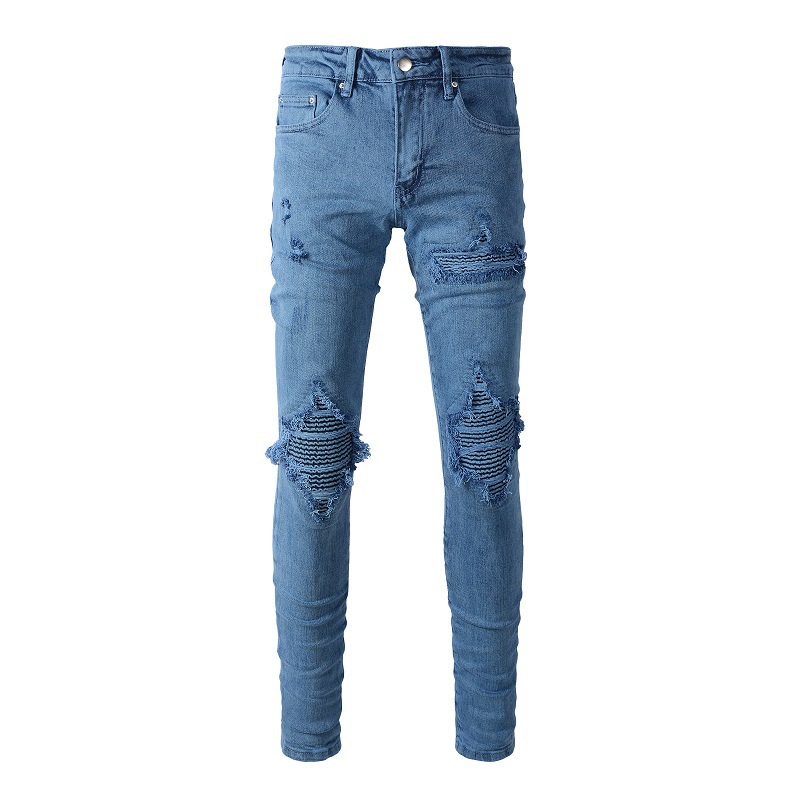 Abbigliamento maschile stesso stile baffi di gatto stropicciati blu patchwork buco elastico slim fit jeans skinny jeans_voghion.com