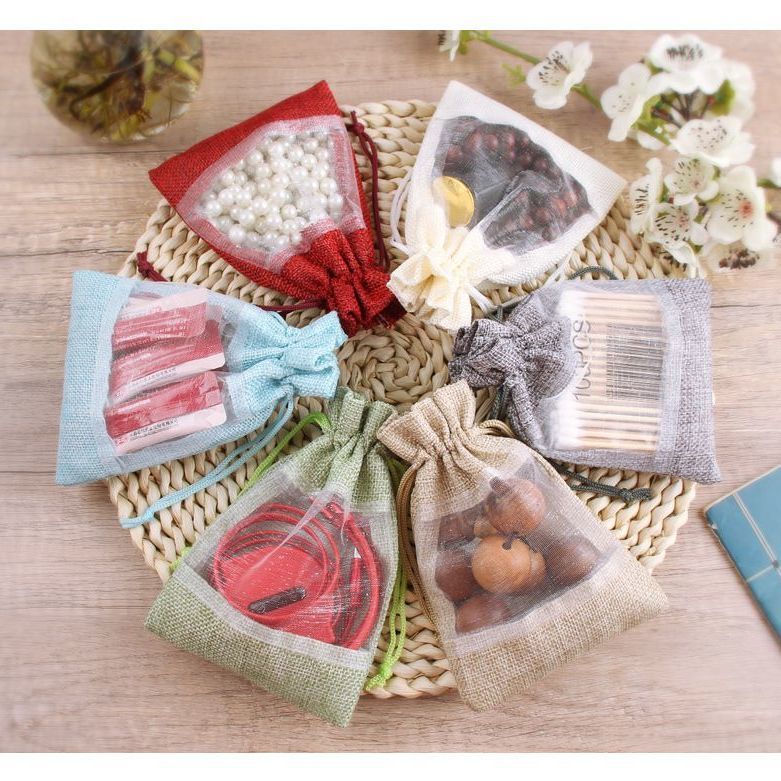 10个装仿麻布收纳束口袋开窗拼接网纱袋化妆品收纳袋透气香熏空袋