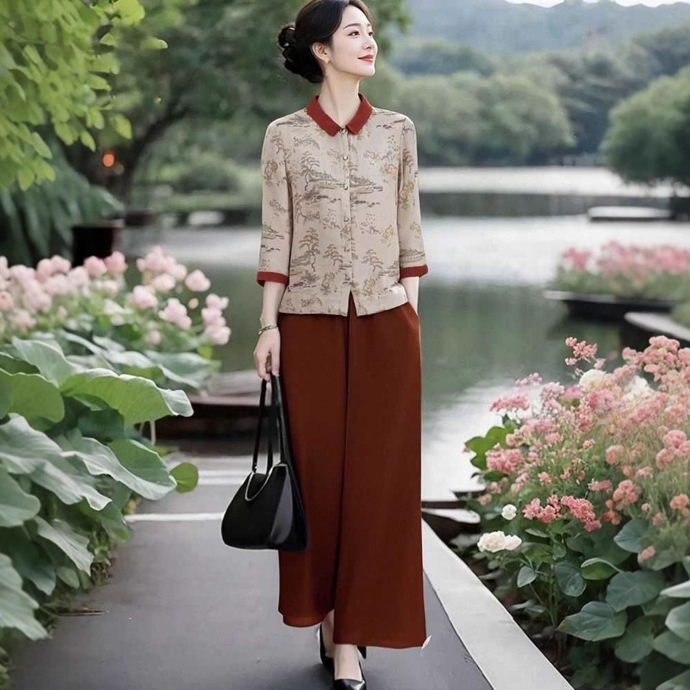 新中式国风印花中老年妈妈套装春秋新款气质撞色衬衫阔腿裤两件套