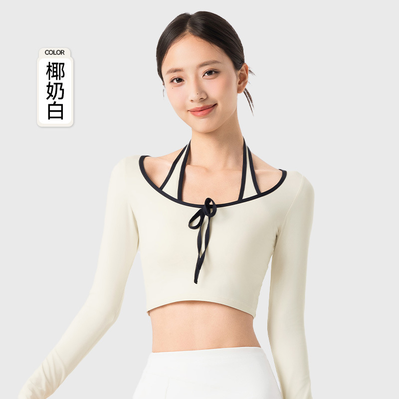 假两件挂脖长袖瑜伽服女固定杯短款运动上衣撞色包边百搭健身上衣|undefined