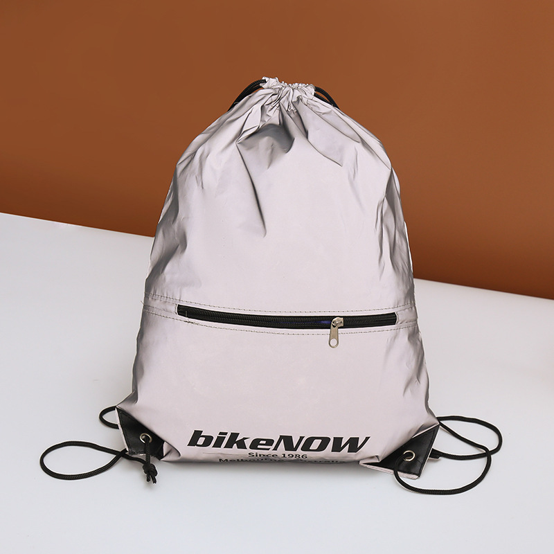 Customized Gray Reflective Fabric Drawstring Backpack Bag Reflective Zipper Drawstring Flap Pocket Pants Reflective Tote Bag with Printable Logo