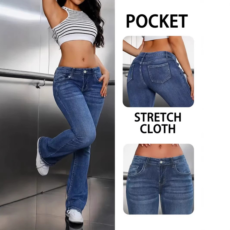 Cross-Border, Low-Waist Women's Slightly Spicy Wide-Leg Pants, Royal Blue Denim Cotton Pants, Patterned Bell-Bottom Pants, Private Wear for Celebrities