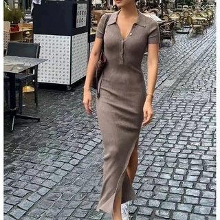 跨境外贸针织连衣裙2026夏季新款收腰开叉气质女装纽扣修身一步裙