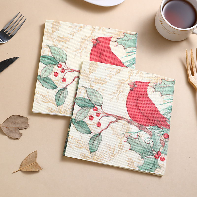 Factory cross-border Christmas printing napkin plant flower and bird series kitchen table decoration square paper small tissue