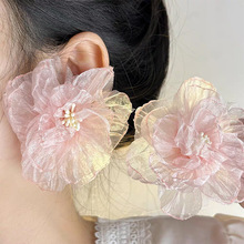 2024年韩式新娘手工超仙花朵娟纱耳钉夸张大耳饰轻奢复古森系耳饰