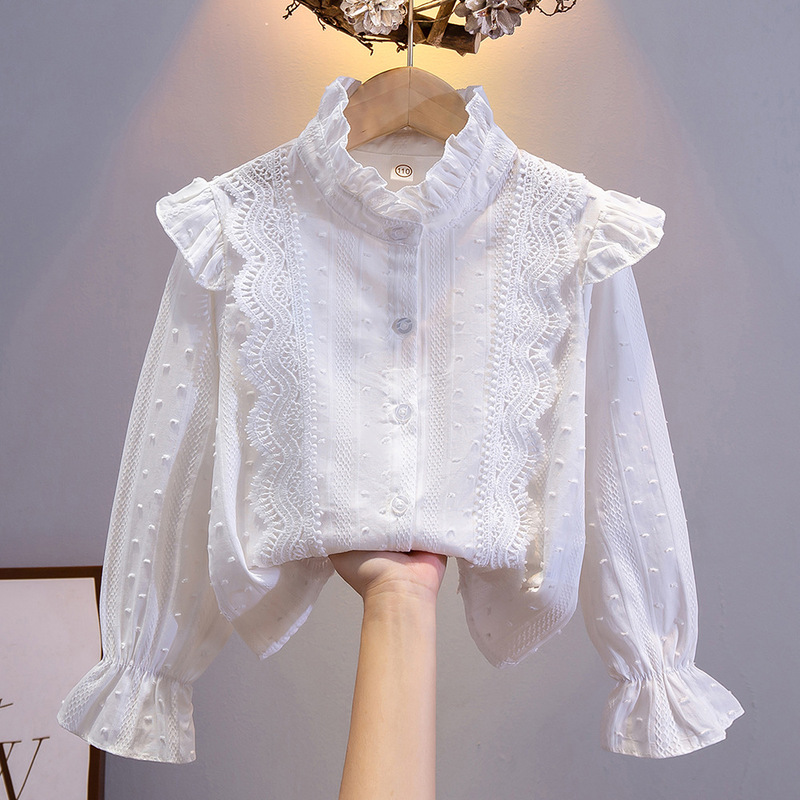 Girls' Long-Sleeve Shirt for Export, 2026 Spring and Autumn New Style, Children's White Fashionable Lace Blouse, Trendy Cross-Border Top Girls' Long-Sleeve Shirt for Export, 2026 Spring and Autumn New Style, Children's White Fashionable Lace Blouse, Trendy Cross-Border Top