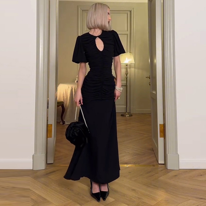 Vestido largo ajustado de verano para mujer, estilo francés, con cuello redondo, manga corta y cintura plisada.