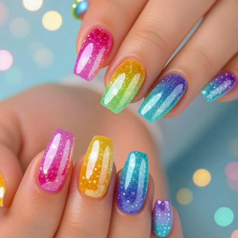 Cross-Border Wearable Nails, Medium-Length Ballet Fantasy Color Gradient with Glitter, Removable Fake Nails, Nail Art Patches