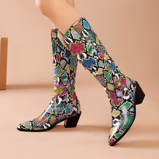 40-46 Large Size Women's Long Boots Pointed Thick High Heel Snake Pattern Color Matching Sleeve High Boots Knight Boots W144
