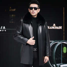 海宁绵羊皮真皮皮衣男士中老年大码皮羽绒服中长款加厚外套狐狸毛