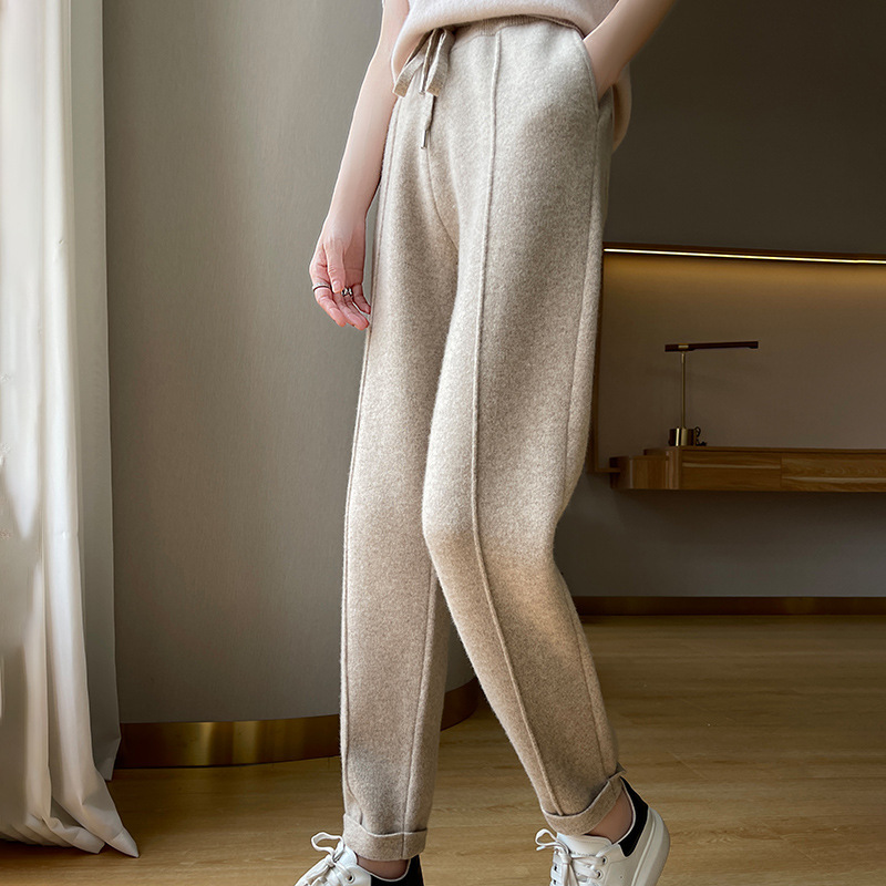 Autumn and Winter 100 Pure Wool Pants Women's High Waist Thickened Hedge Casual Straight Cashmere Sweatpants Outer Wear Small Leg Harem Pants